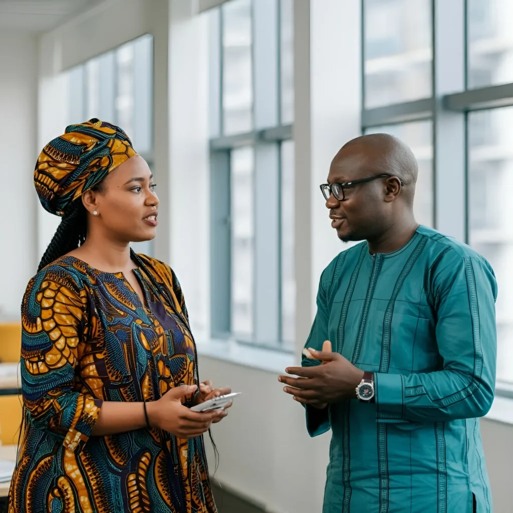 Professionals of diverse backgrounds engage in vibrant conversation in a contemporary office setting.