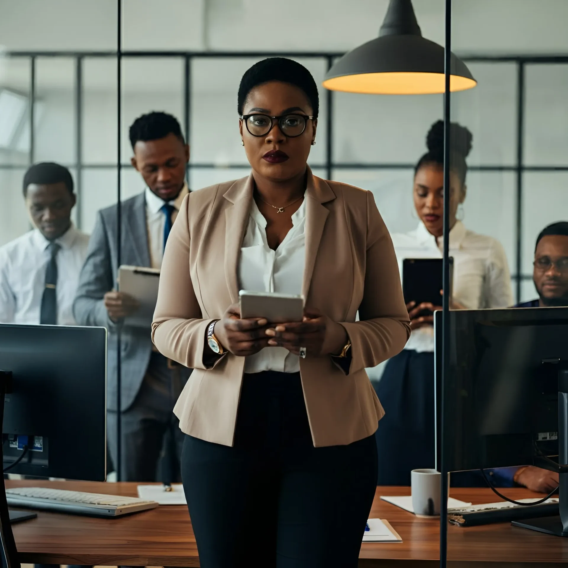 Confident woman leads team collaboration in a bright, modern office environment.