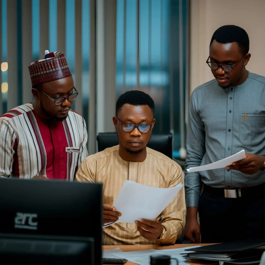 Diverse professionals engaged in collaborative discussion around documents in a modern office setting.